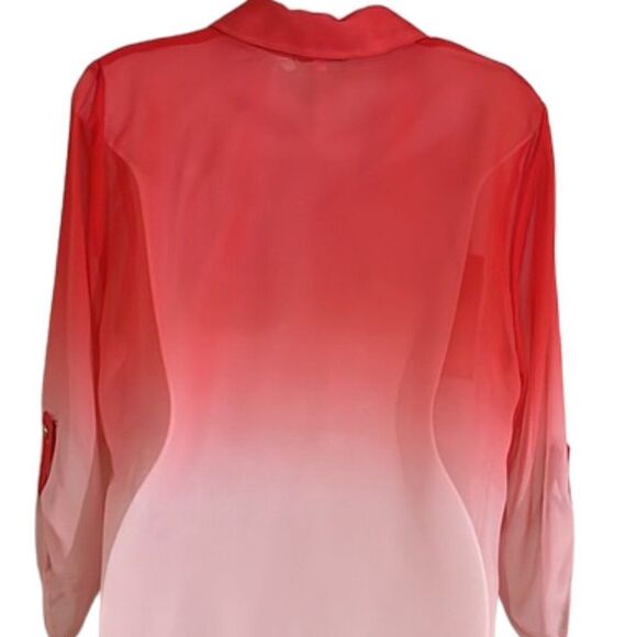 HALO Women's Ombré Dip Dye Button Tab Sleeve Sheer Blouse in Coral Size Medium - Picture 8 of 12
